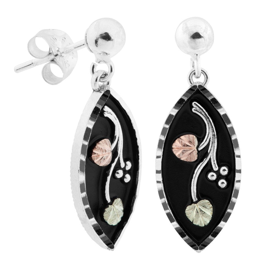 Antiqued Oval Drop - Sterling Silver Black Hills Gold Earrings