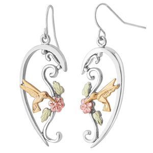 Sterling Silver Black Hills Gold Hummingbird Half Heart Earrings