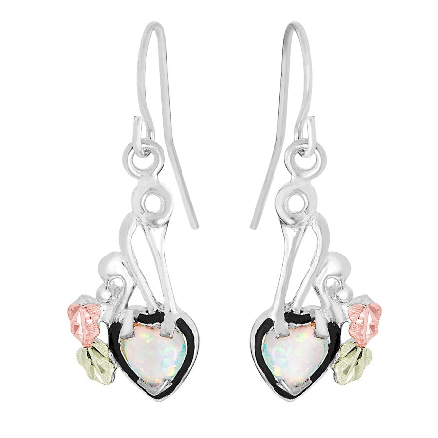 Sterling Silver Black Hills Gold Dangling Opal Heart Earrings