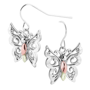 Sterling Silver Black Hills Gold Intricate Butterfly Earrings