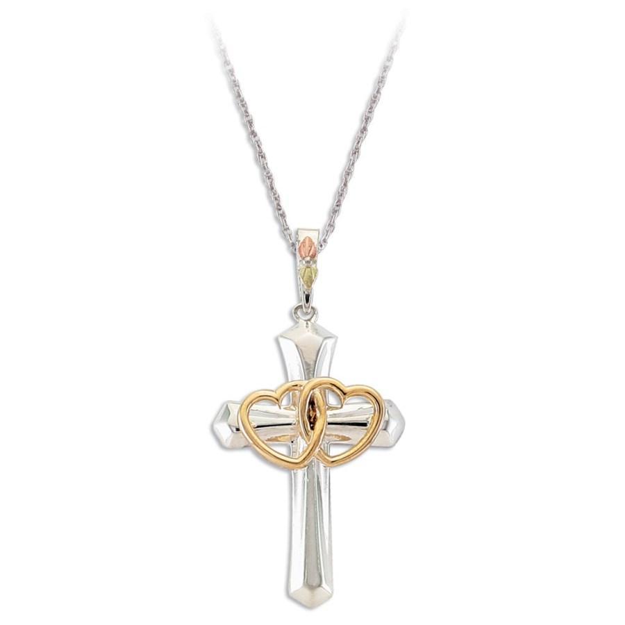 Sterling Silver Black Hills Gold Two Heart Cross Pendant - Jewelry
