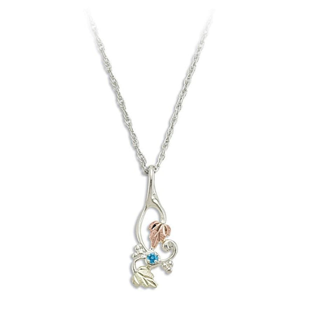 Sterling Silver Black Hills Gold Foliage Blue Zircon Pendant II - Jewelry