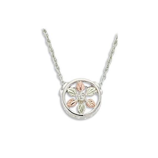Sterling Silver Black Hills Gold Foliage Sparkling Diamond Pendant - Jewelry