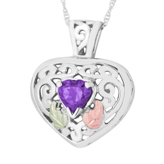 Sterling Silver Black Hills Gold Amethyst Frilly Heart Pendant - Jewelry