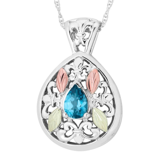 Sterling Silver Black Hills Gold Blue Topaz Pear Pendant II - Jewelry