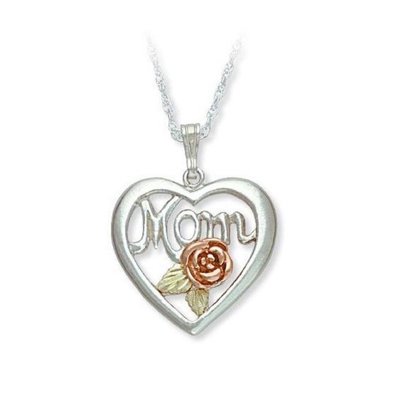 Sterling Silver Black Hills Gold Moms Heart and Rose Pendant - Jewelry