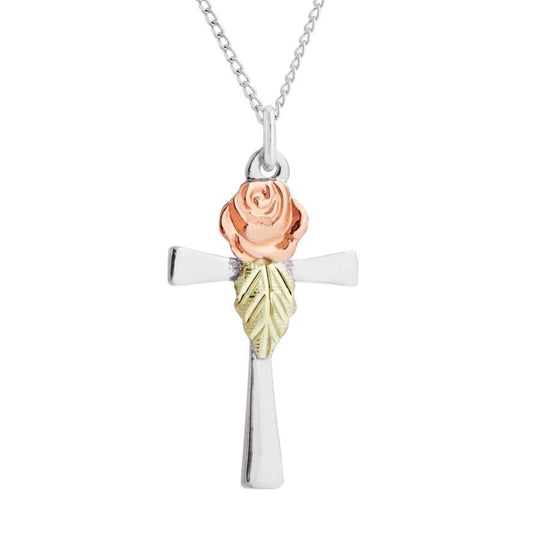 Sterling Silver Black Hills Gold Red Rose Cross Pendant - Jewelry