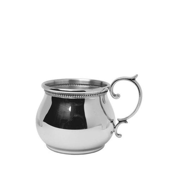 Bulged Scroll Handled Baby Cup with Beading in Pewter - ENG