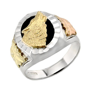Onyx Wolf - Sterling Silver Black Hills Gold Mens Ring