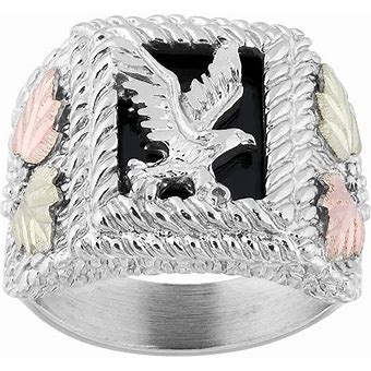 Men's Sterling Silver Black Hills Gold Onyx Eagle Ring III